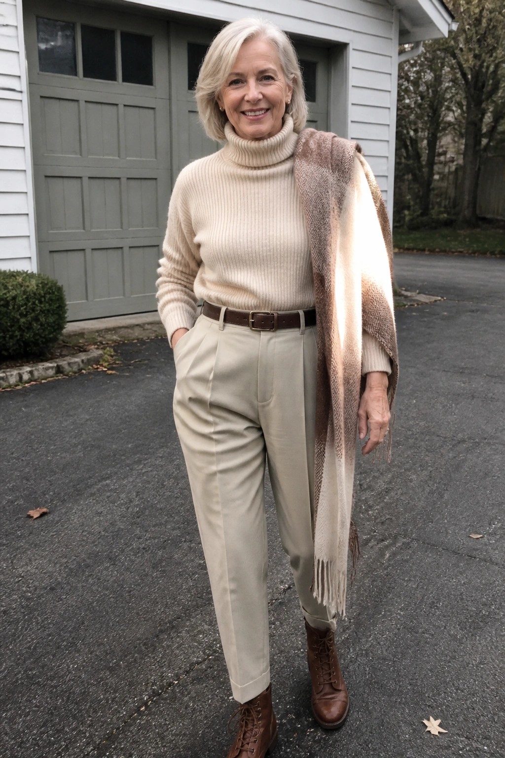 Smiling older woman in cream turtleneck, beige pants, brown boots, and fringed scarf