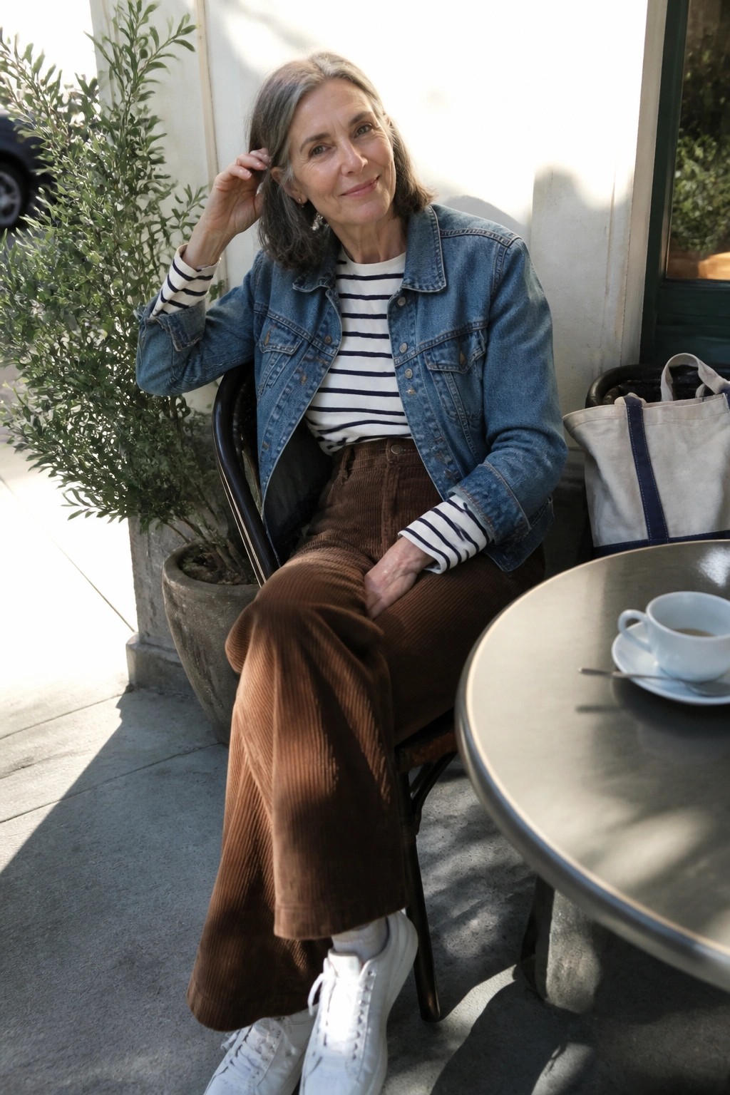 Woman with gray hair in denim jacket and corduroy pants at sunny cafe table.