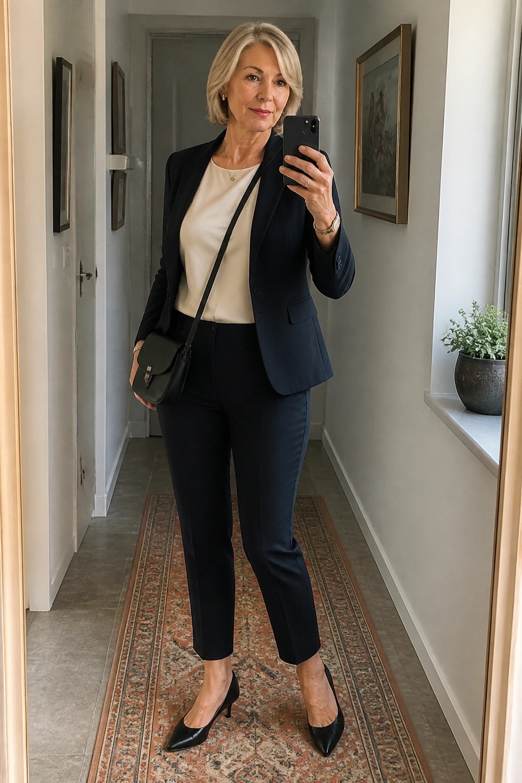 Woman in navy pantsuit taking mirror selfie in hallway with black bag