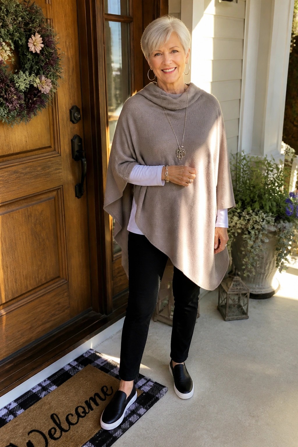 Smiling older woman in beige poncho, black pants, and white sneakers on porch.