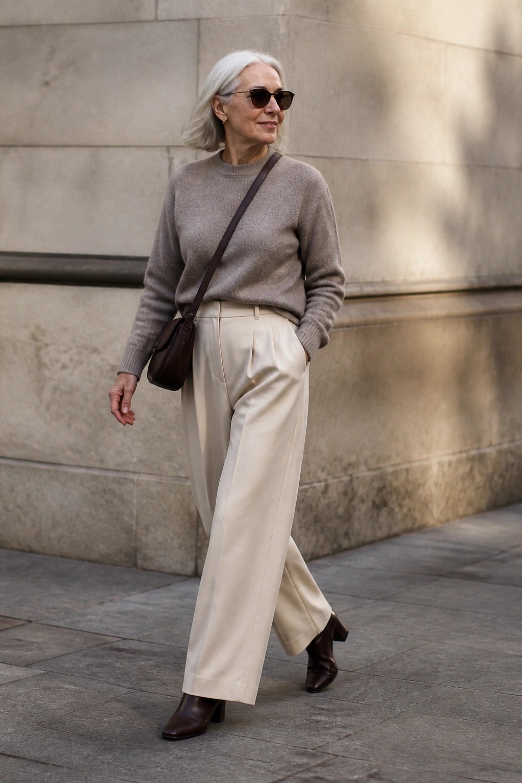 Stylish older woman in beige sweater, cream trousers, brown boots and bag on stone street.