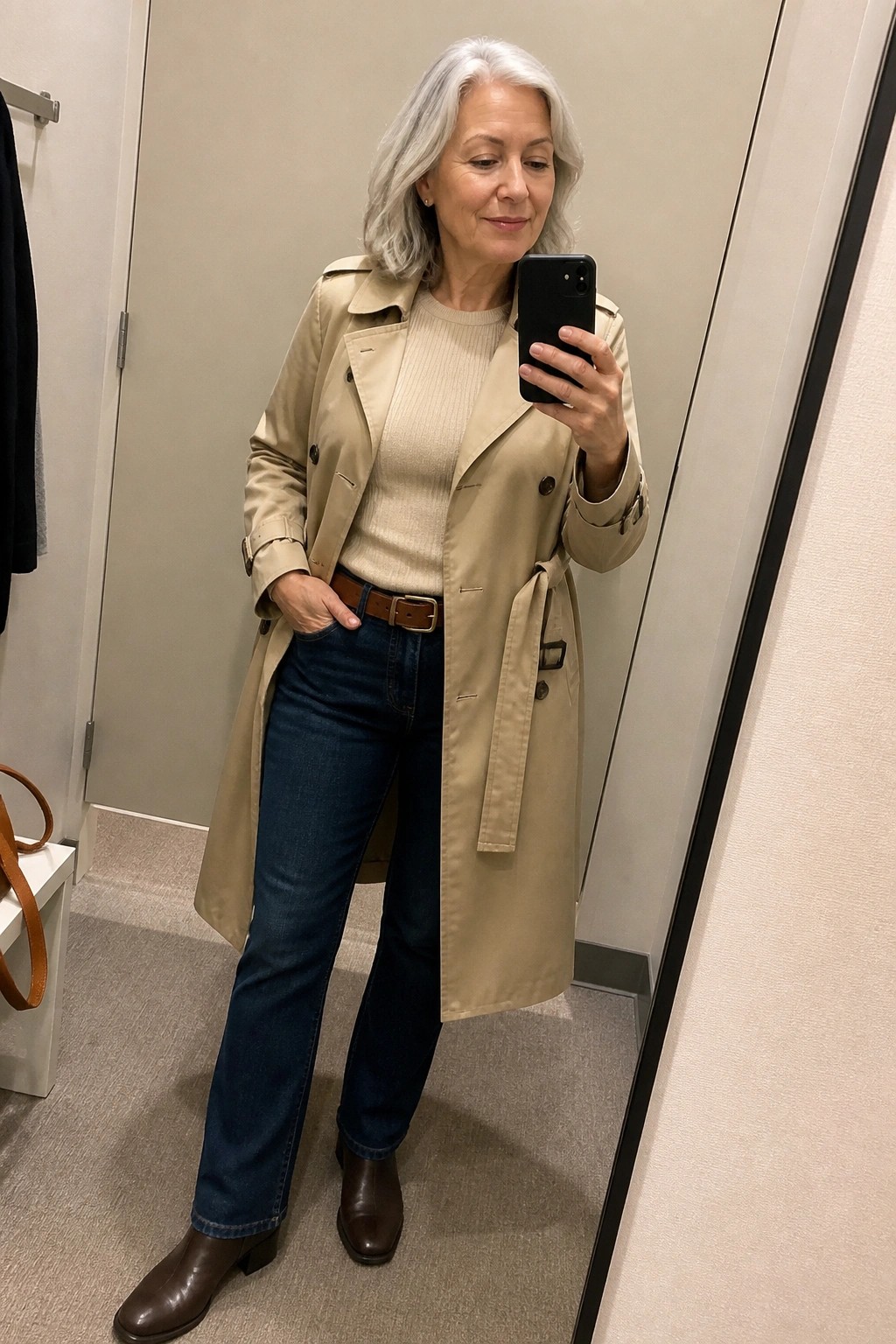 Woman over 60 in beige trench coat layered over cream ribbed sweater with blue jeans, brown belt, and brown ankle boots while holding a phone for a mirror selfie.