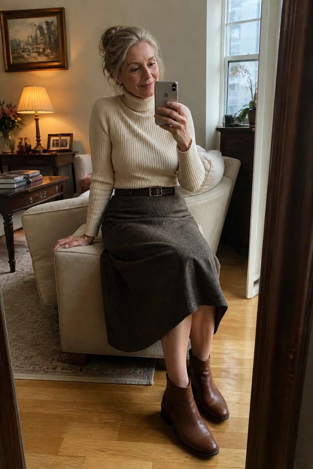 Woman in cream turtleneck and gray skirt taking mirror selfie in armchair.