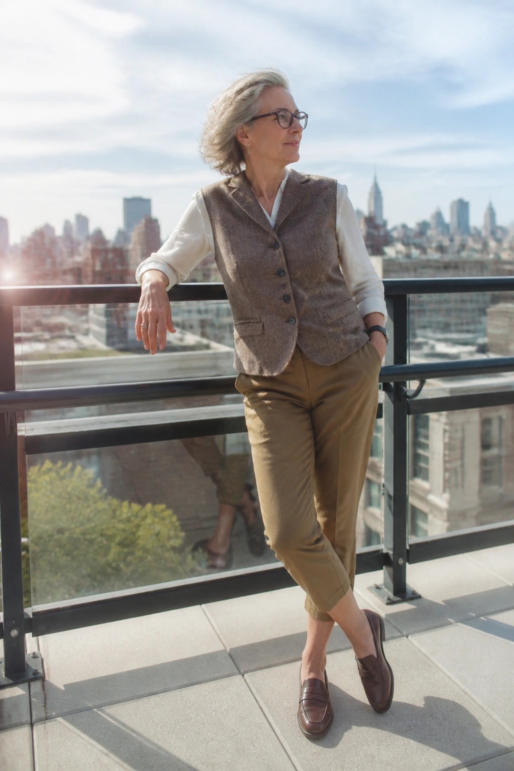 Gray-haired woman in tweed vest and brown pants on city balcony overlooking skyline