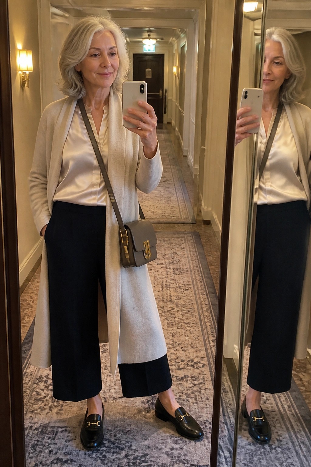 Silver-haired woman in cream cardigan and black pants taking mirror selfie with gray bag.