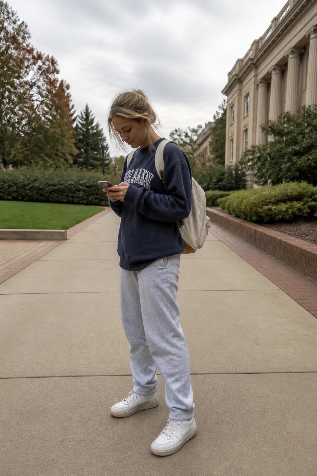 Young woman in navy Michigan sweatshirt and gray sweatpants checks phone on campus path