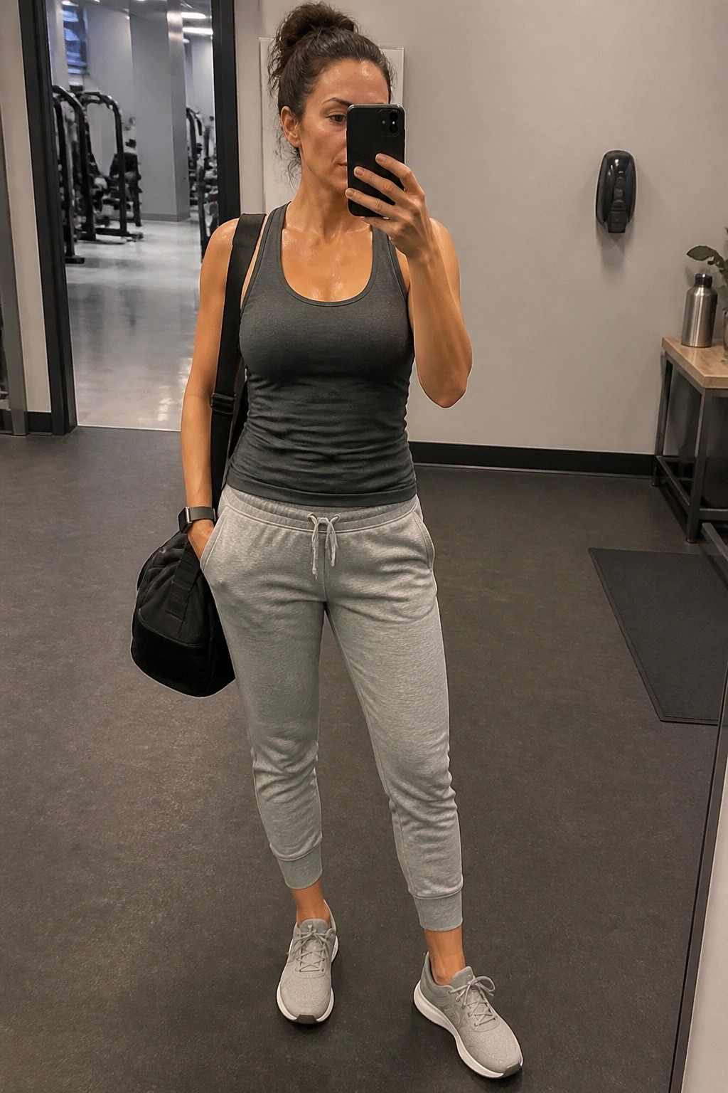 Woman in dark gray tank top light gray joggers and matching sneakers holding phone for mirror selfie with black bag over shoulder