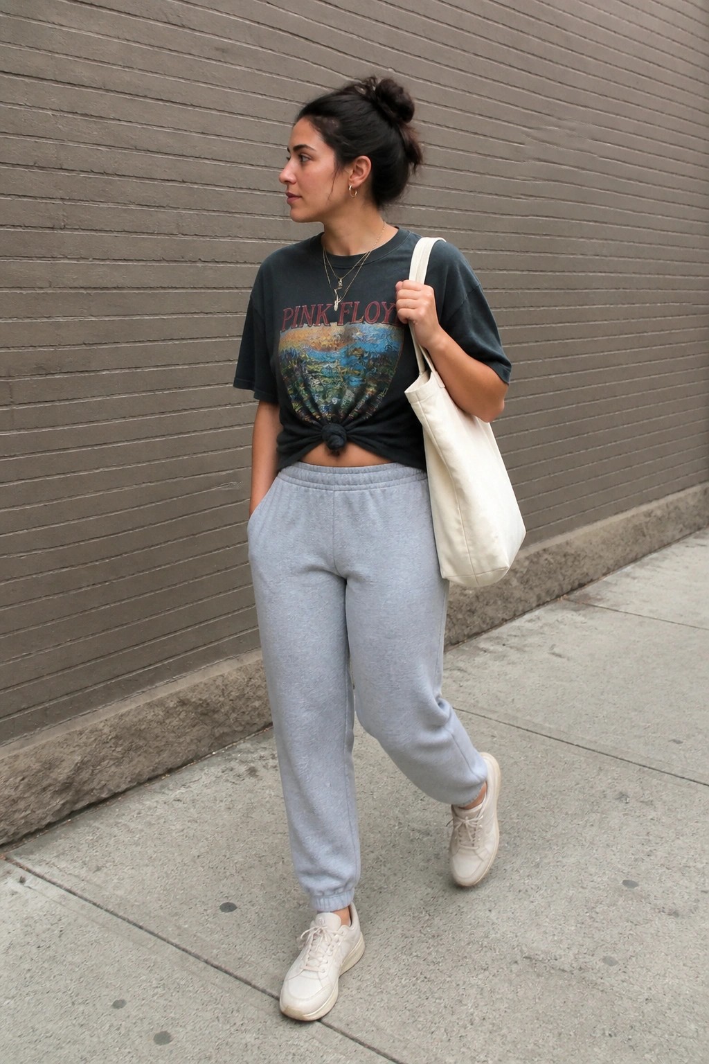 Woman in knotted Pink Floyd t-shirt and gray sweatpants with white tote bag on sidewalk