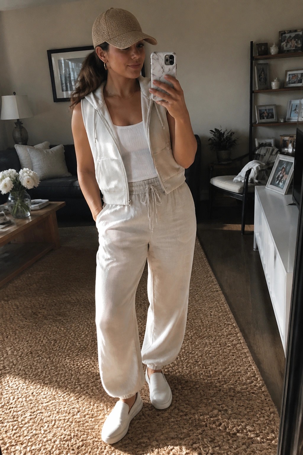 Woman wearing a cream sleeveless zip hoodie vest over a white ribbed tank top with matching cream jogger pants, white slip-on sneakers, and a beige cap while taking a mirror selfie indoors.