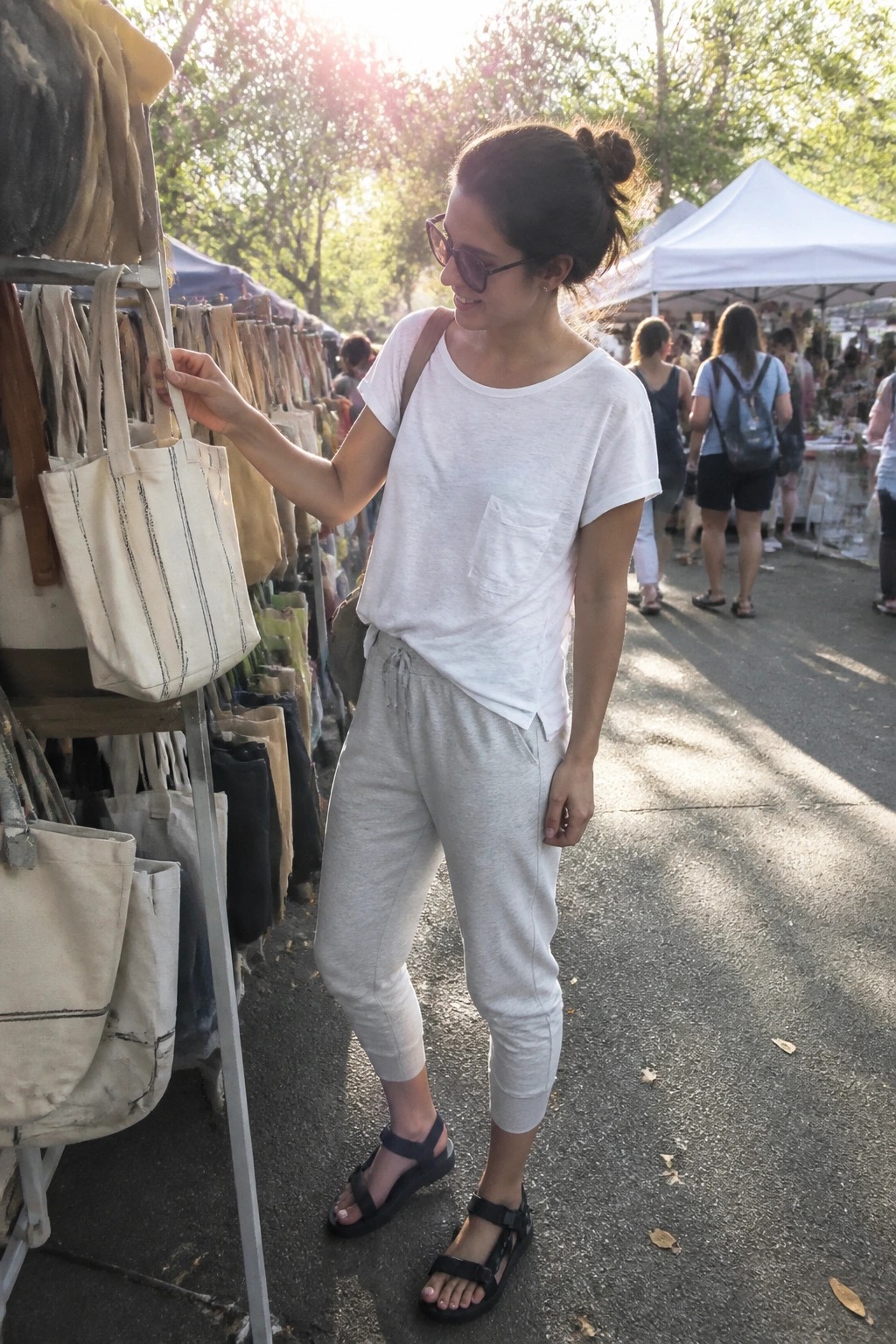 Woman in white tee and gray capris examines striped tote at sunny outdoor market