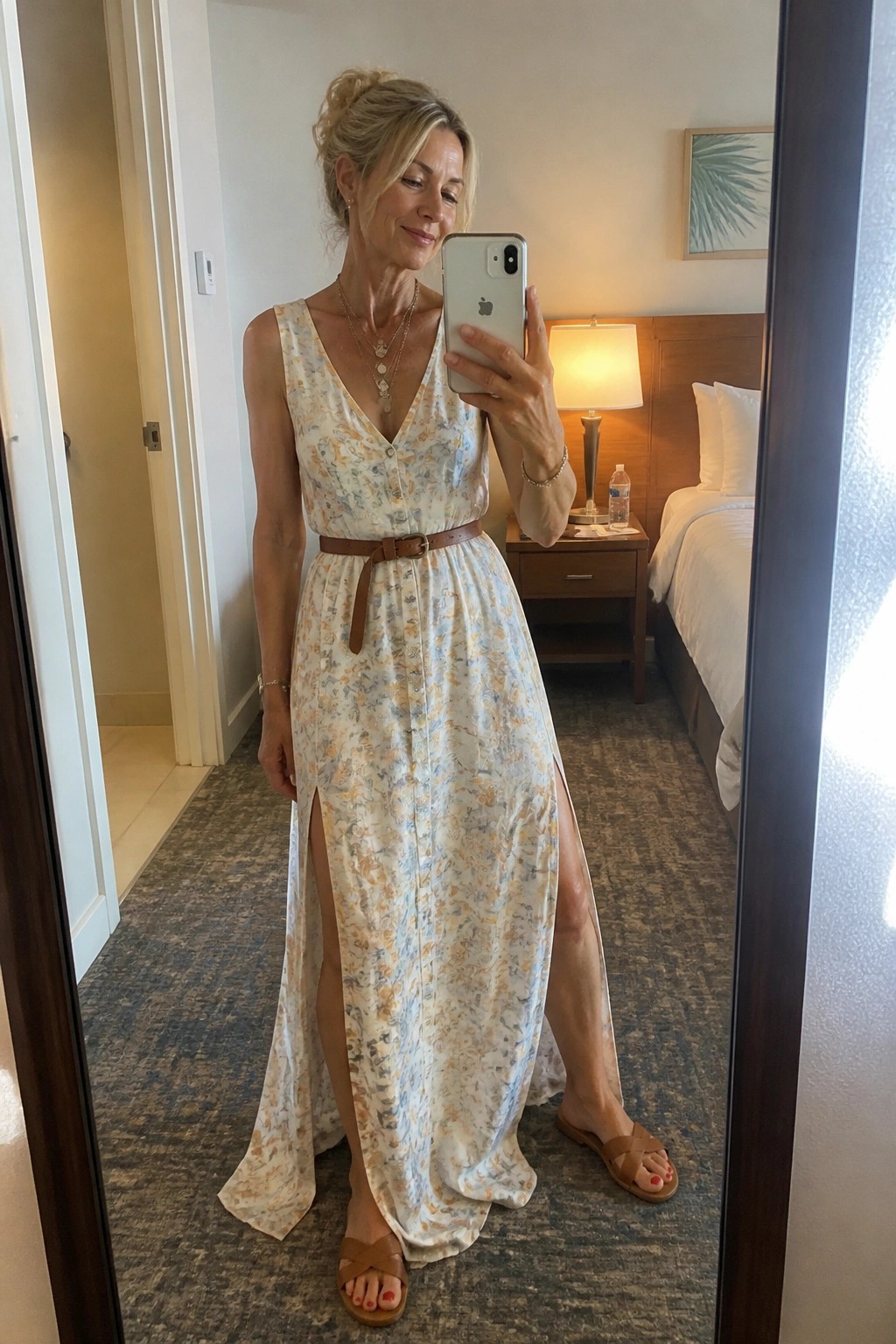 Woman in floral maxi dress taking iPhone mirror selfie in hotel room