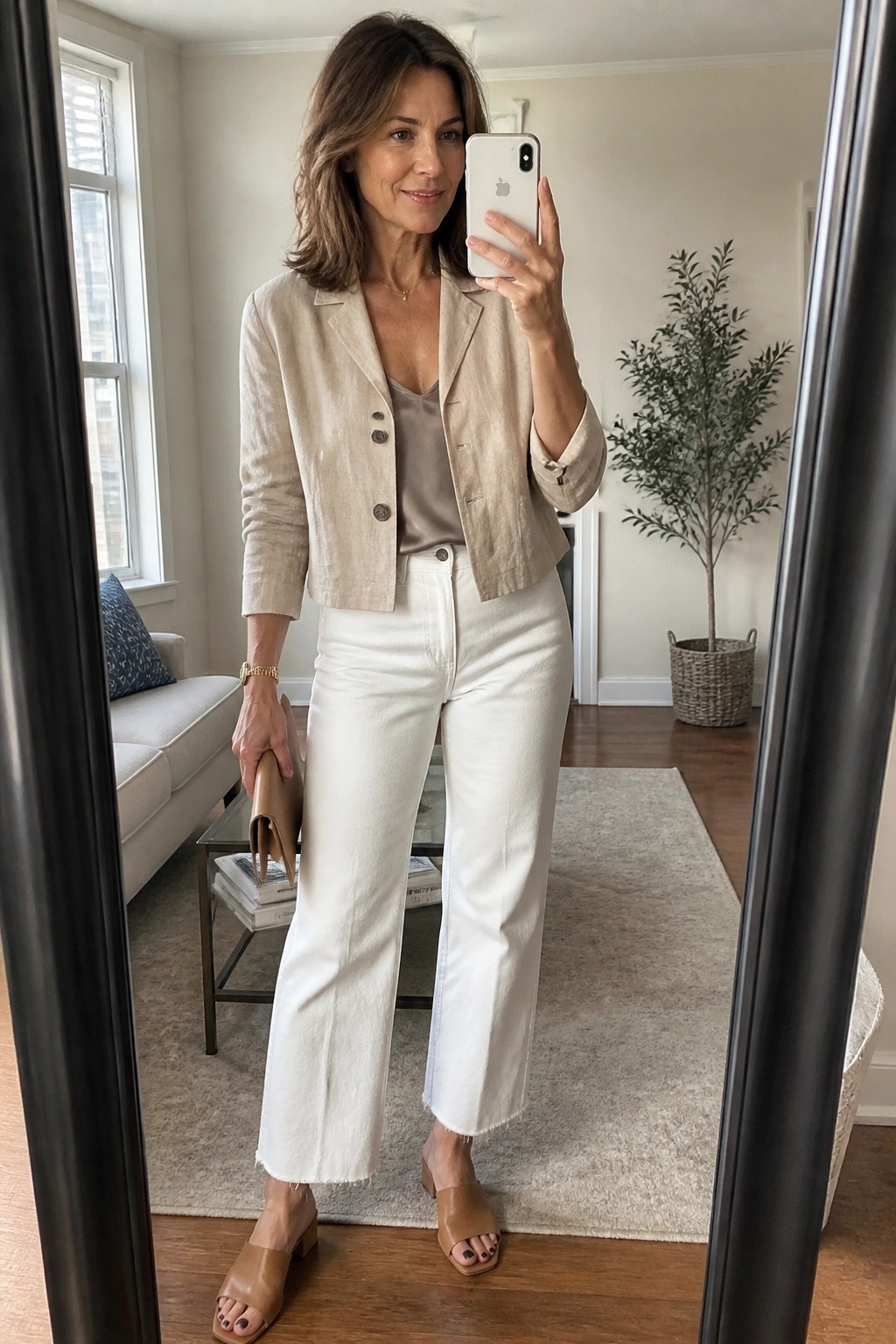 Woman wearing a beige linen cropped blazer over a taupe camisole with white wide leg cropped jeans frayed at the hems and tan block heel mules while holding a matching clutch.