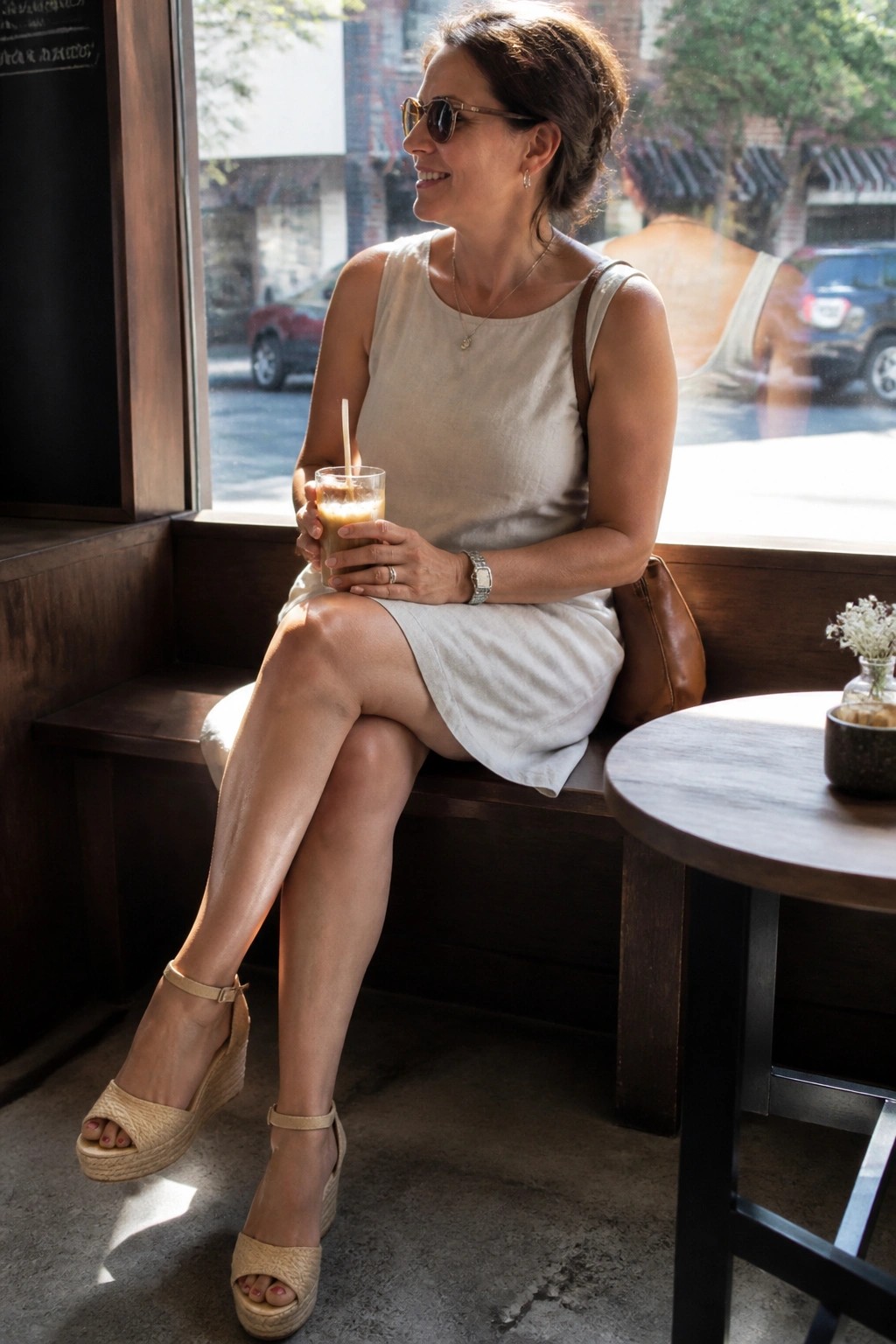 Woman over 50 wearing a sleeveless cream linen shift dress with beige espadrille wedge sandals, brown leather bag, silver watch and delicate necklace while seated indoors by a window.