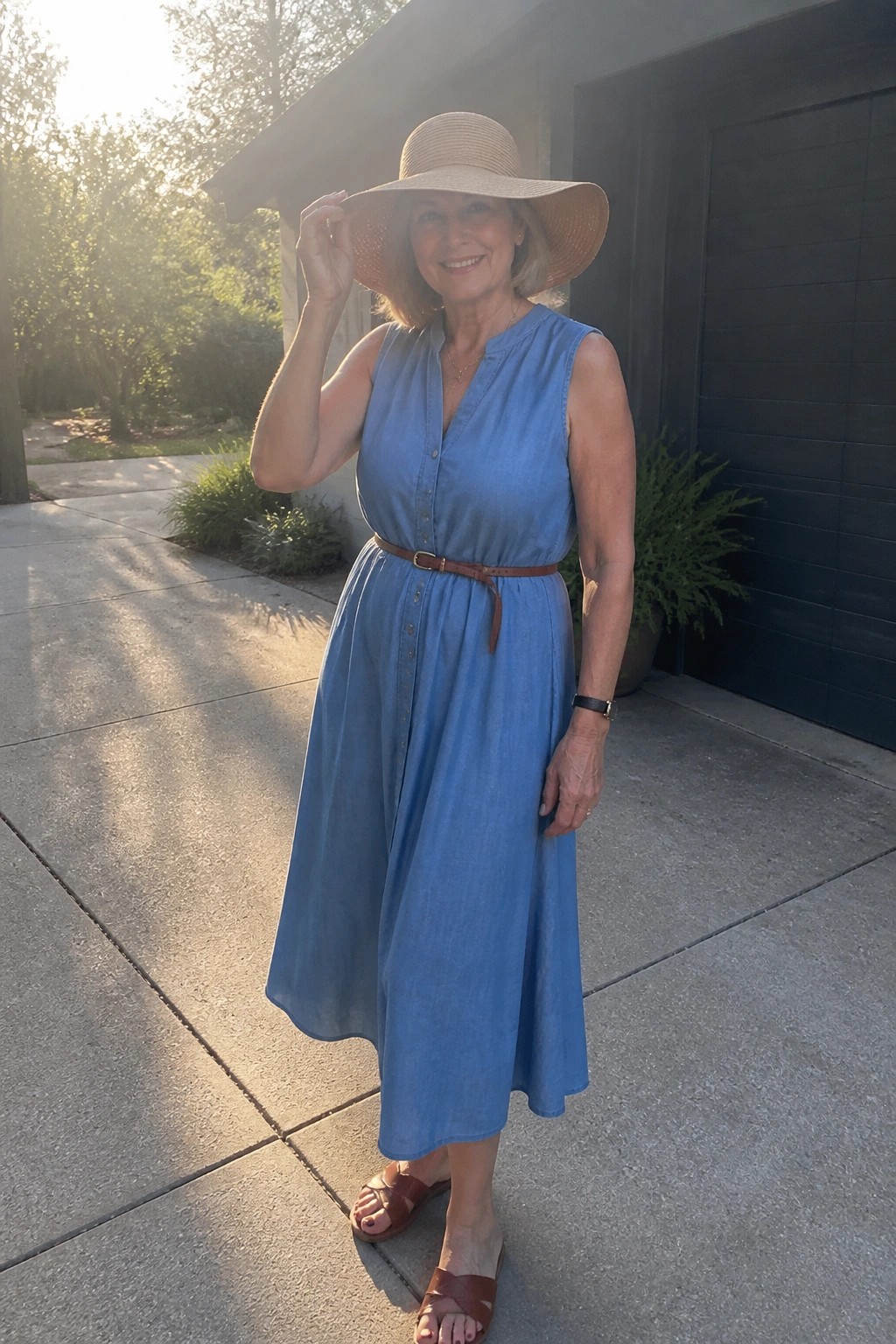 Woman in blue denim dress and straw hat on driveway at sunset