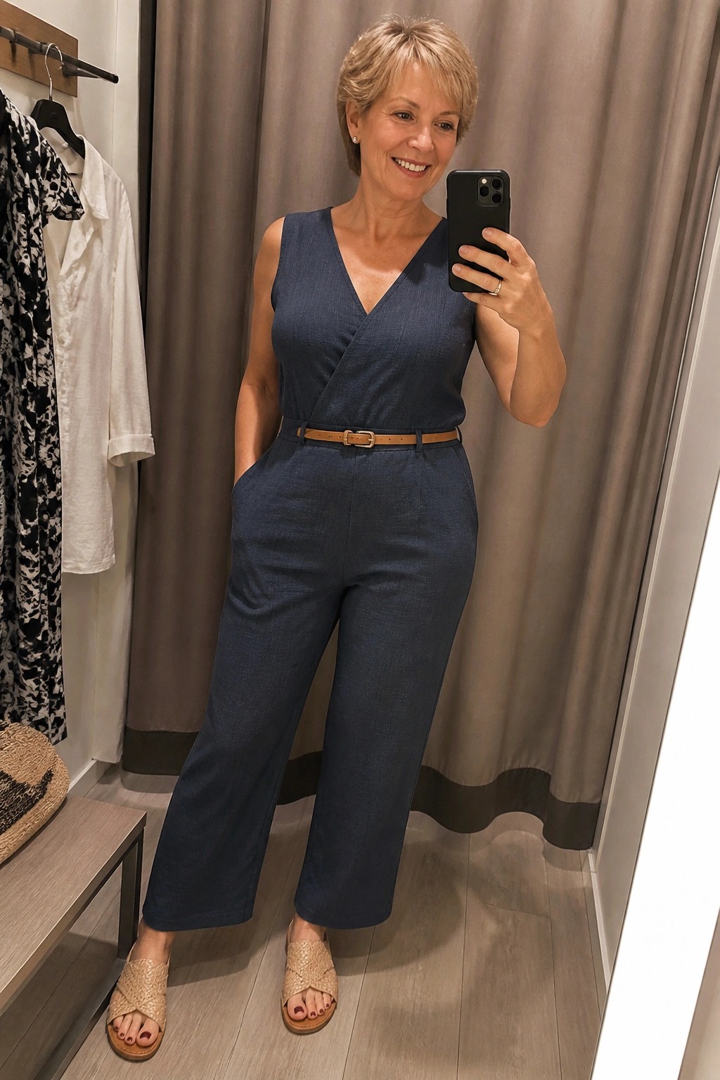 Woman in blue jumpsuit taking mirror selfie in fitting room with phone