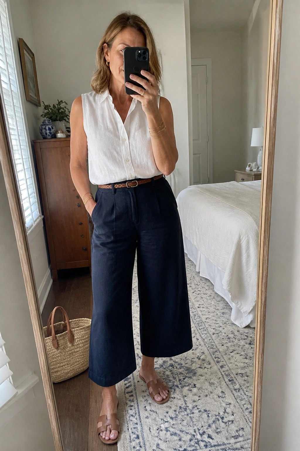 Woman wearing a white sleeveless button front shirt tucked into navy wide leg cropped pants with a brown belt and matching slide sandals while taking a mirror selfie.