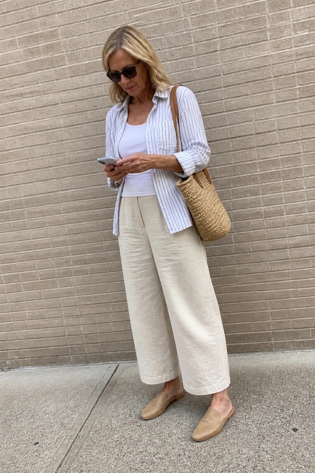 Woman wearing blue and white striped button down shirt over white tank top with wide beige linen pants, beige mule shoes, and a woven straw bag while looking down at her phone.
