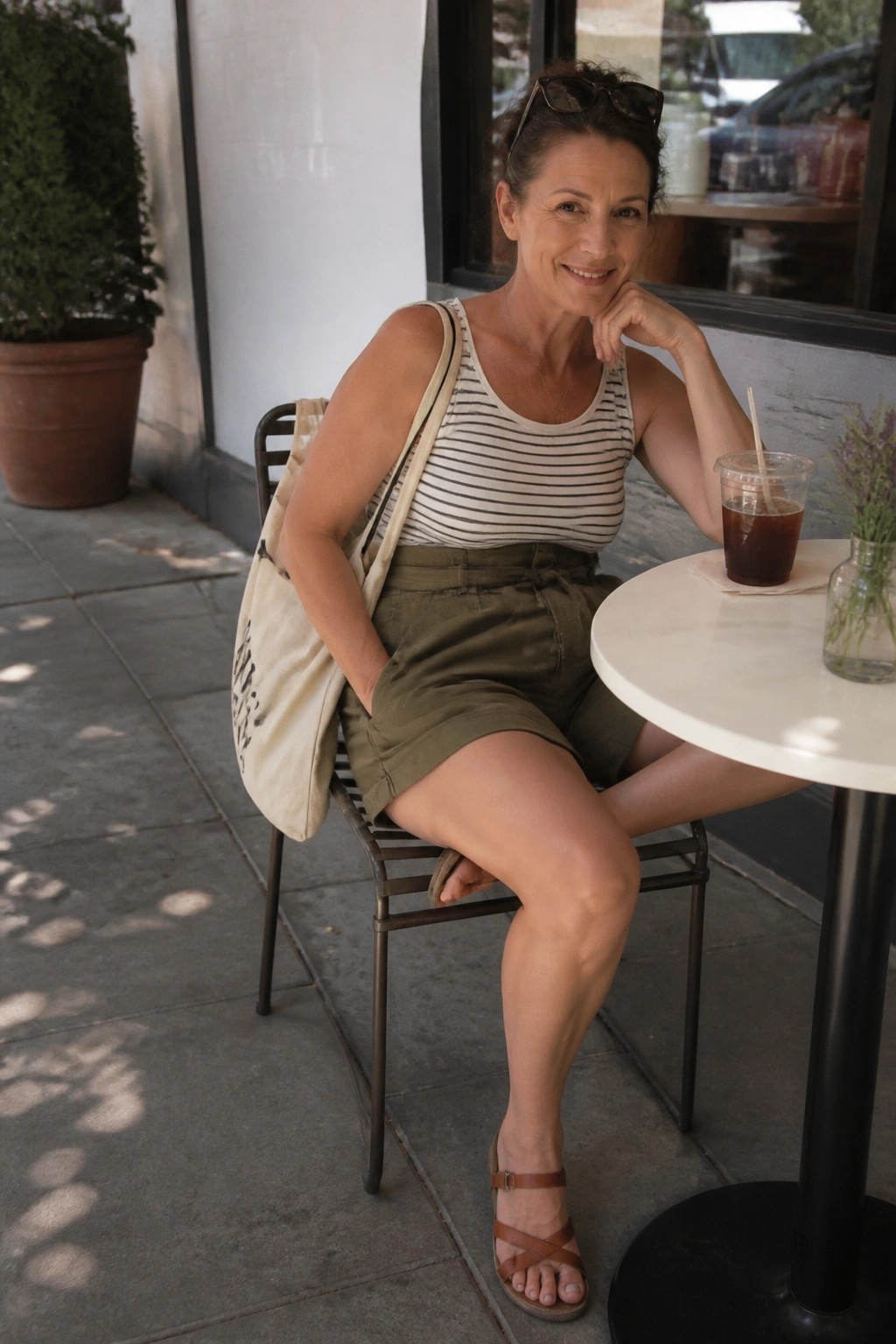 Woman in striped tank top and olive shorts at outdoor cafe with tote bag and iced drink.