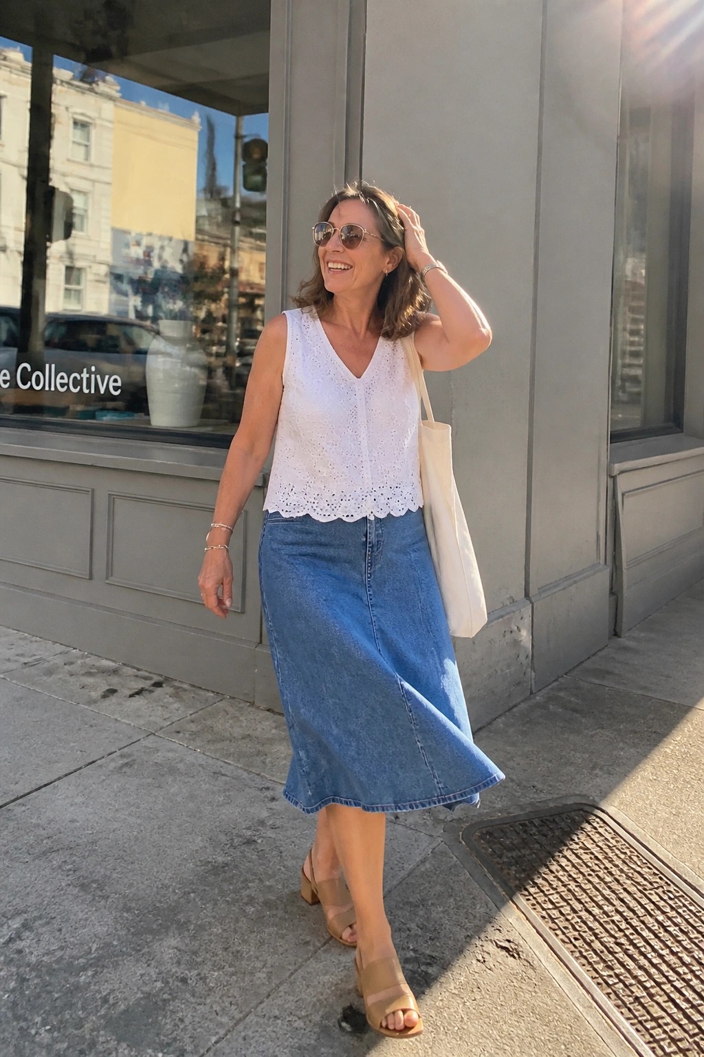 Woman in white eyelet top and blue denim skirt on sunny sidewalk