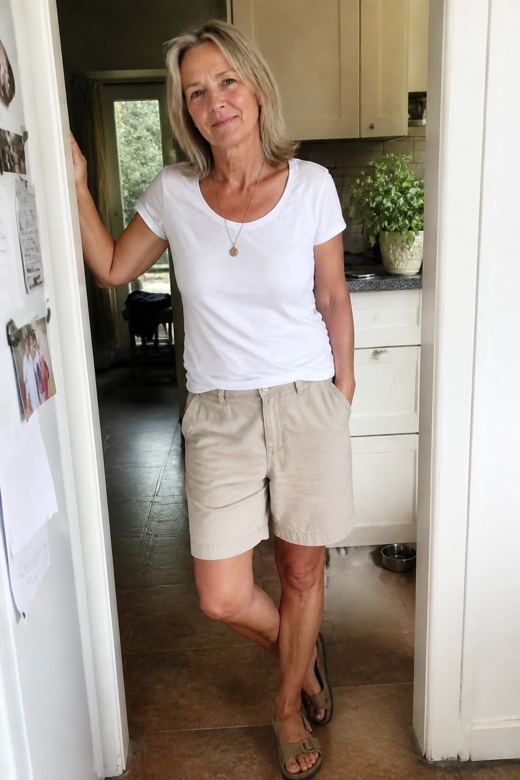 Woman in white t-shirt and beige shorts standing in kitchen doorway