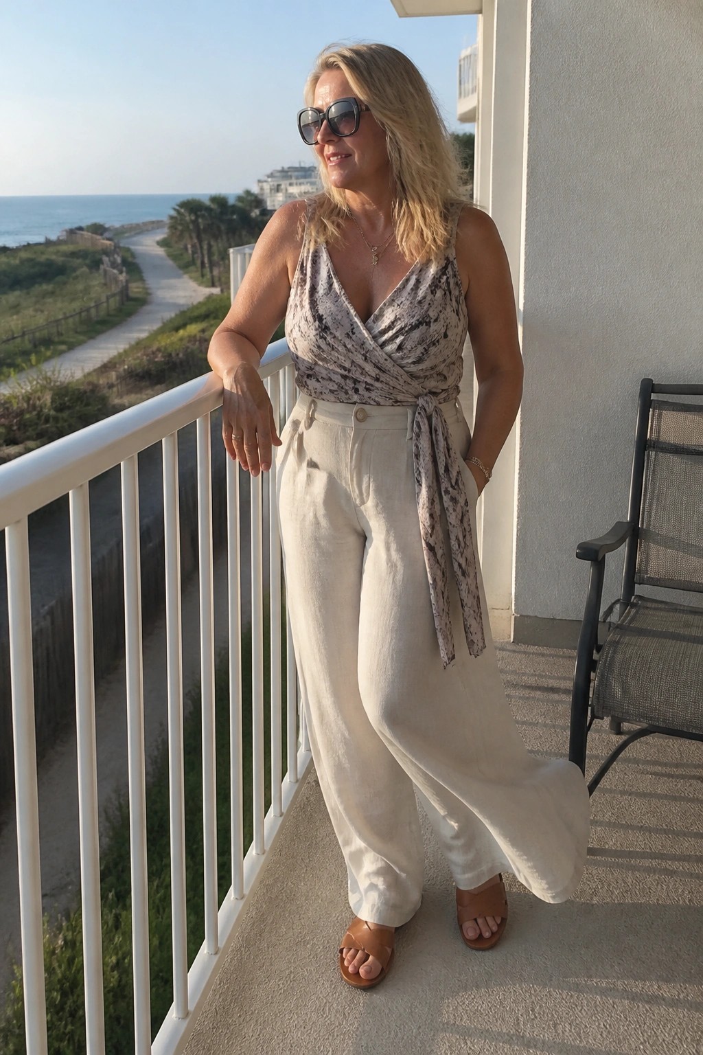Woman in snakeskin-print wrap top and white wide-leg pants on ocean balcony