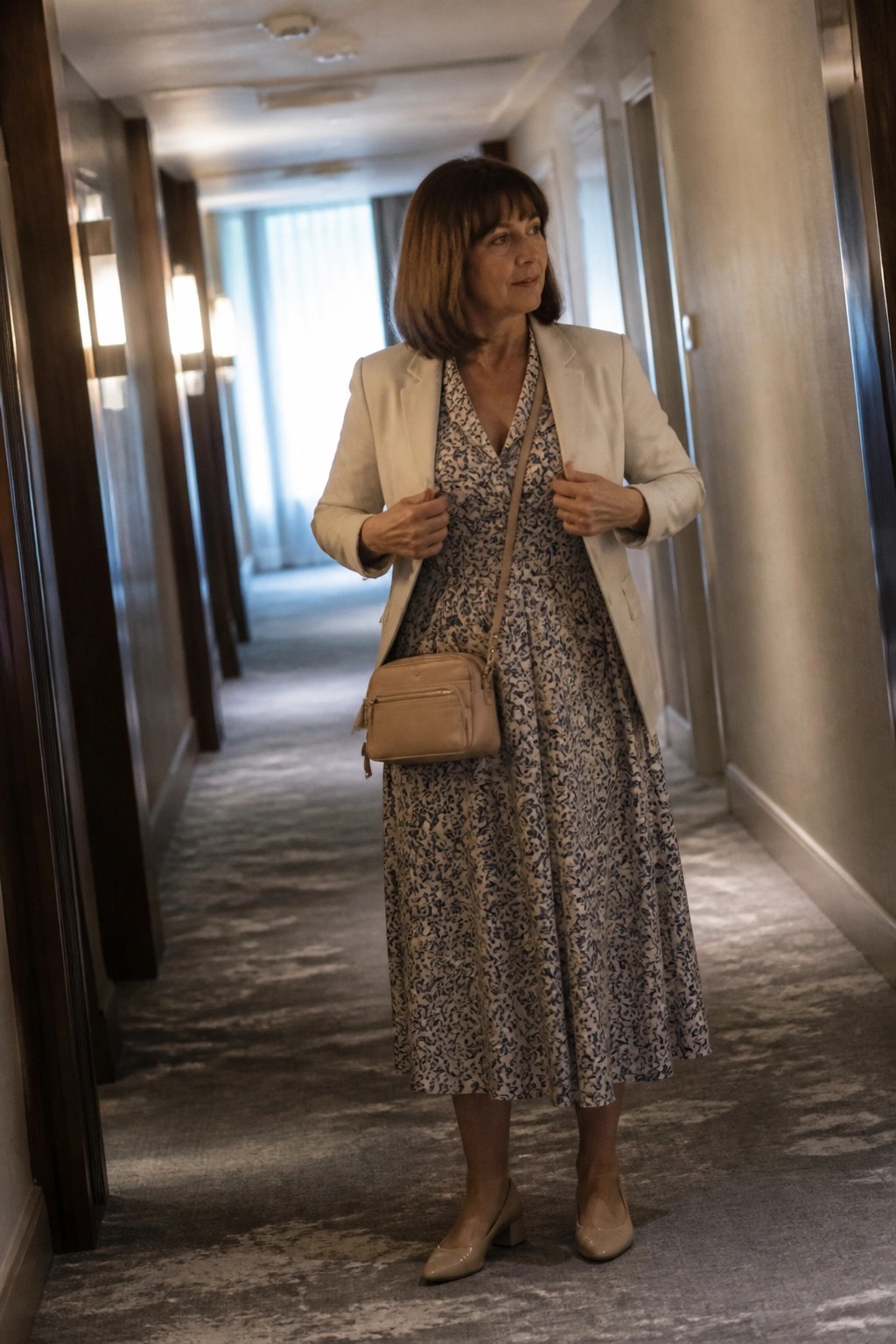 Woman in floral dress and white blazer adjusts jacket in hotel hallway.
