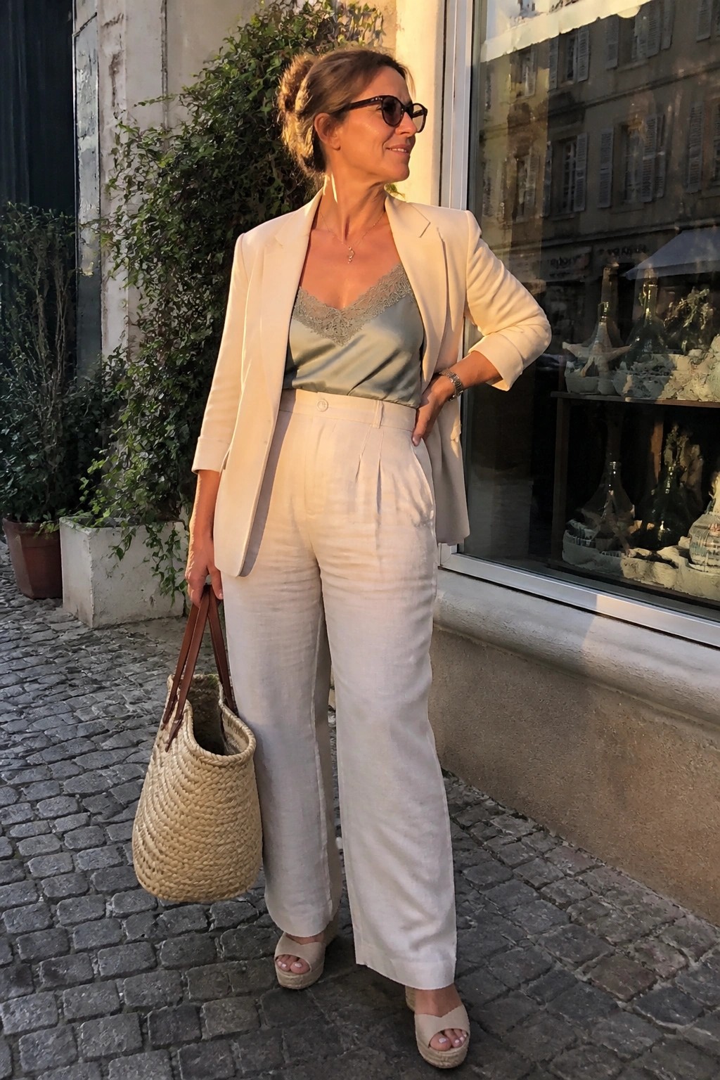 Woman in white blazer and pants with green camisole holding straw bag on cobblestones