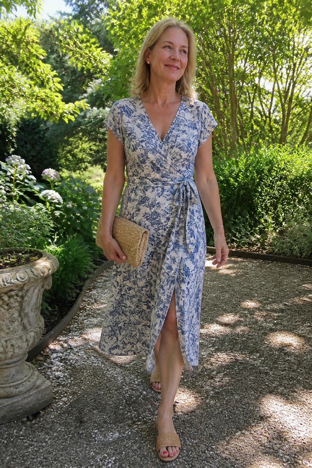 Blonde woman in blue floral wrap dress holding woven clutch in garden