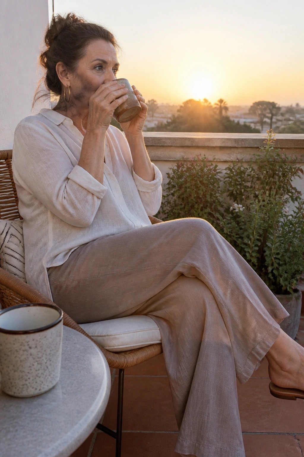 Woman in white shirt and beige pants sipping from mug on balcony at sunset