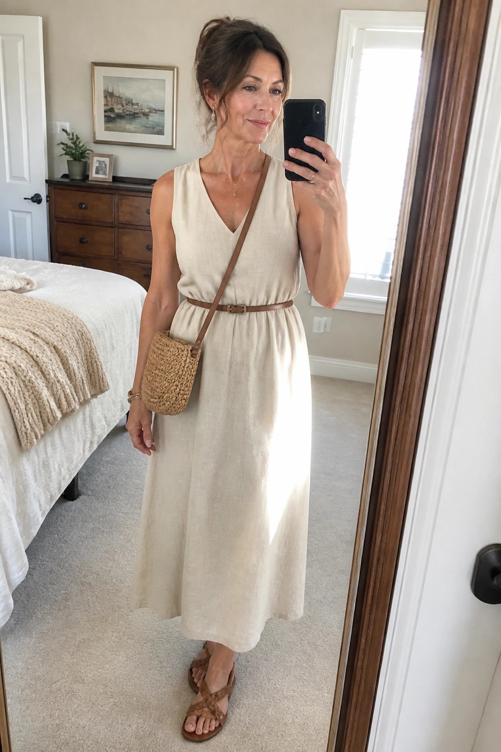 Woman in beige linen dress with woven bag taking bedroom mirror selfie