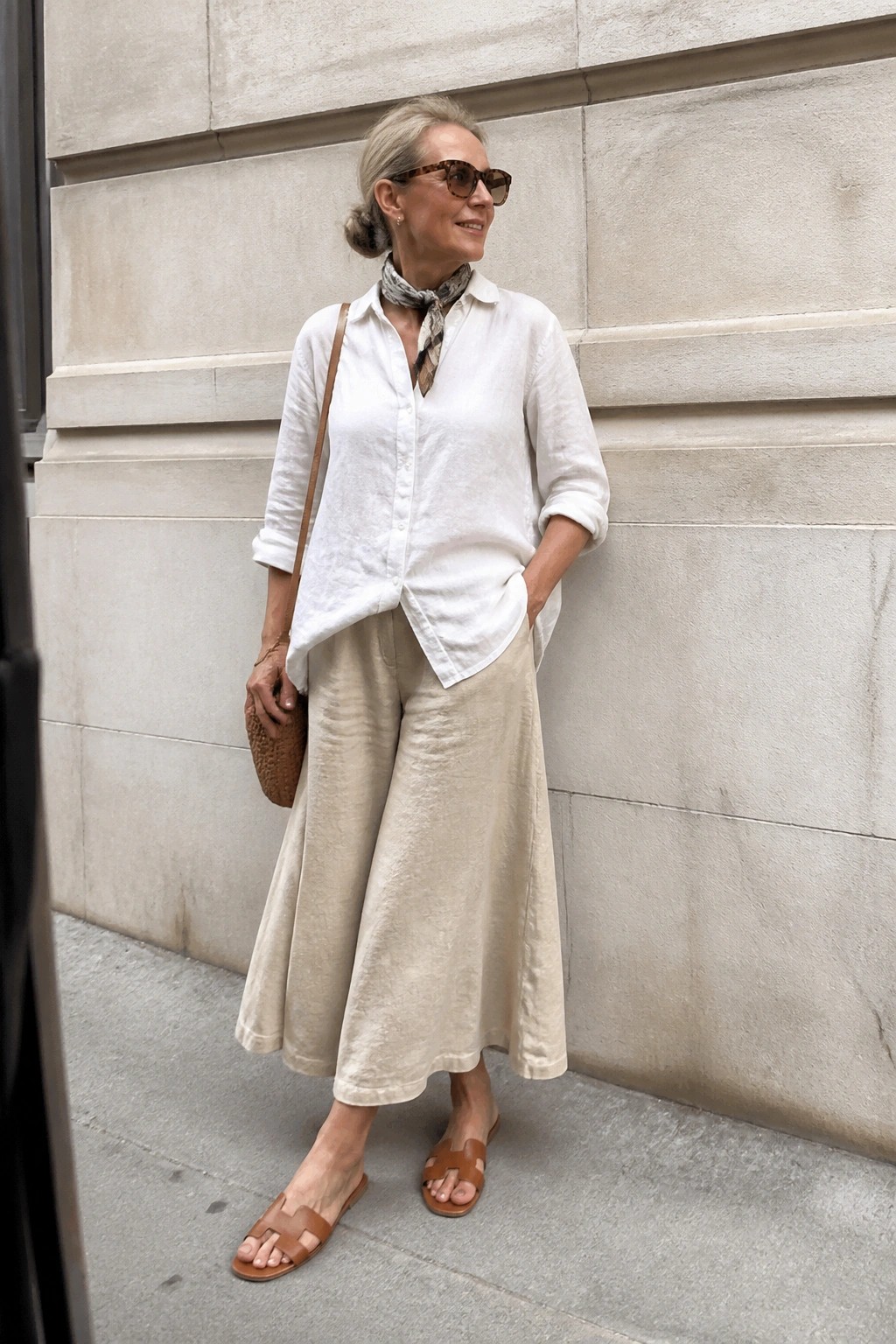 Woman in white linen shirt and beige wide pants by stone wall wearing sandals