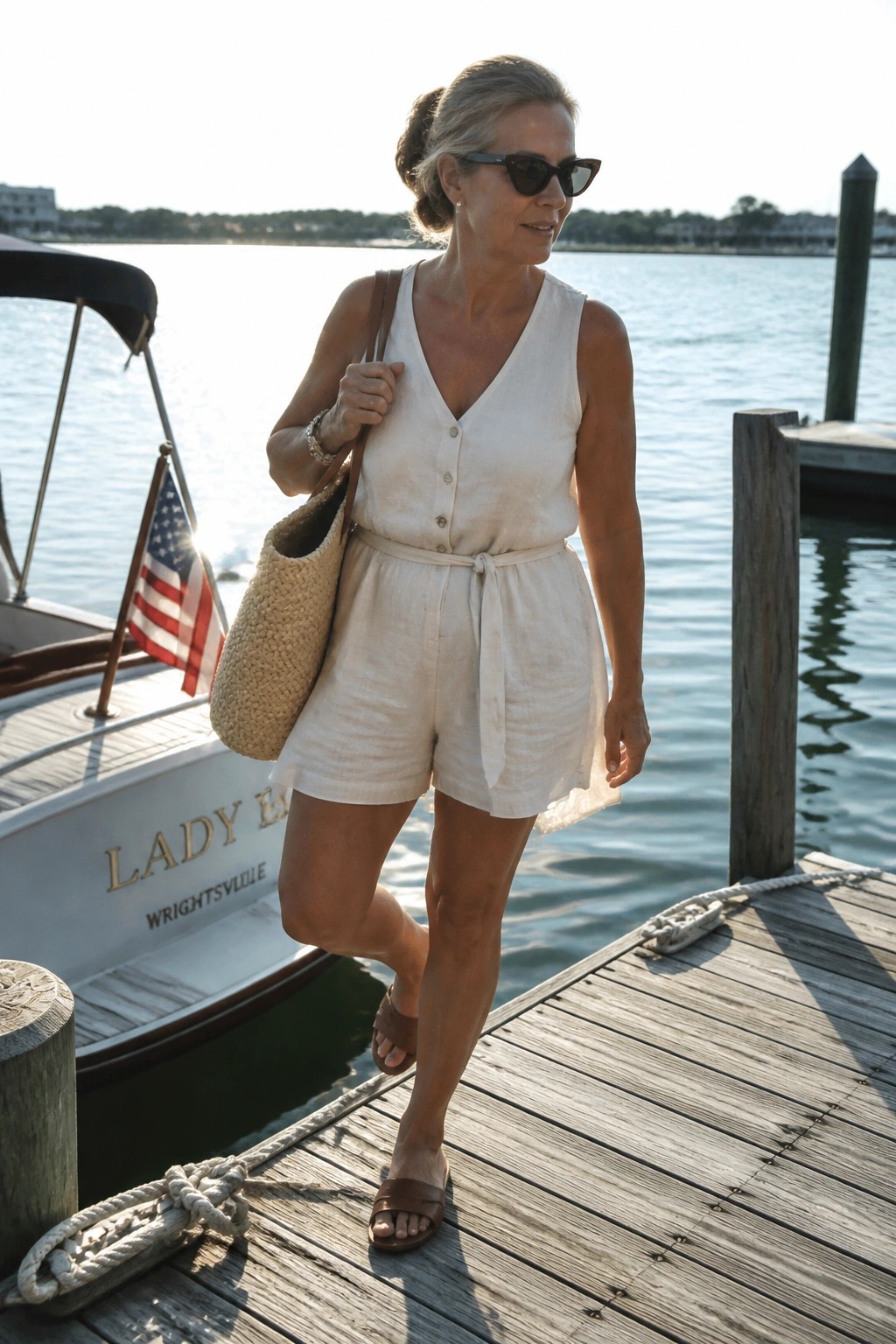Woman in white linen romper with straw bag on dock by boat