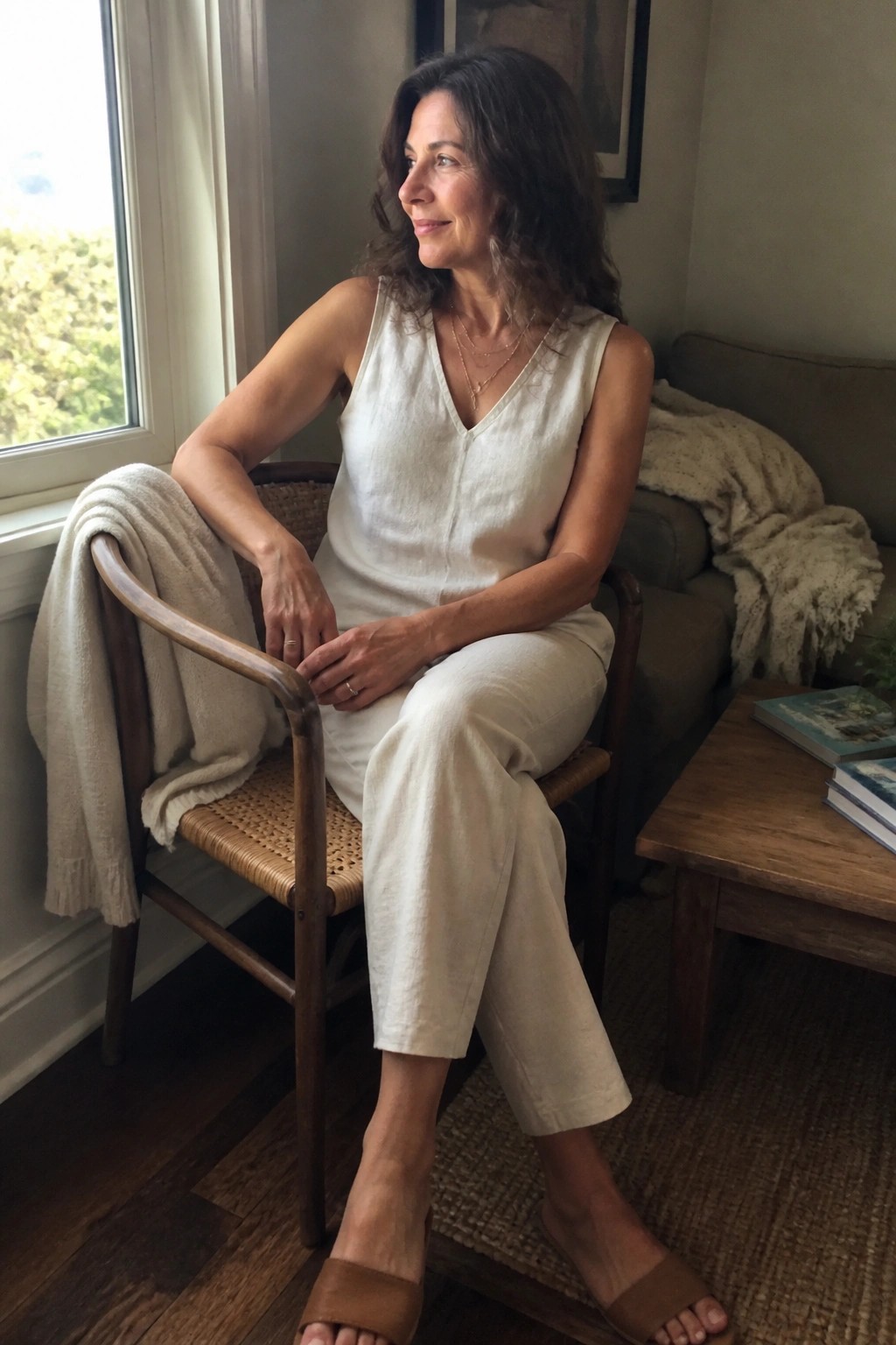 Woman wearing cream linen sleeveless V-neck top and matching wide-leg cropped pants with brown slide sandals and layered gold necklaces seated indoors.