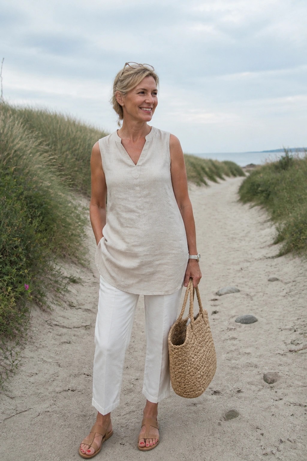 Woman over 50 wearing a sleeveless beige linen tunic top with white cropped pants, brown flat sandals, and holding a woven straw tote bag.
