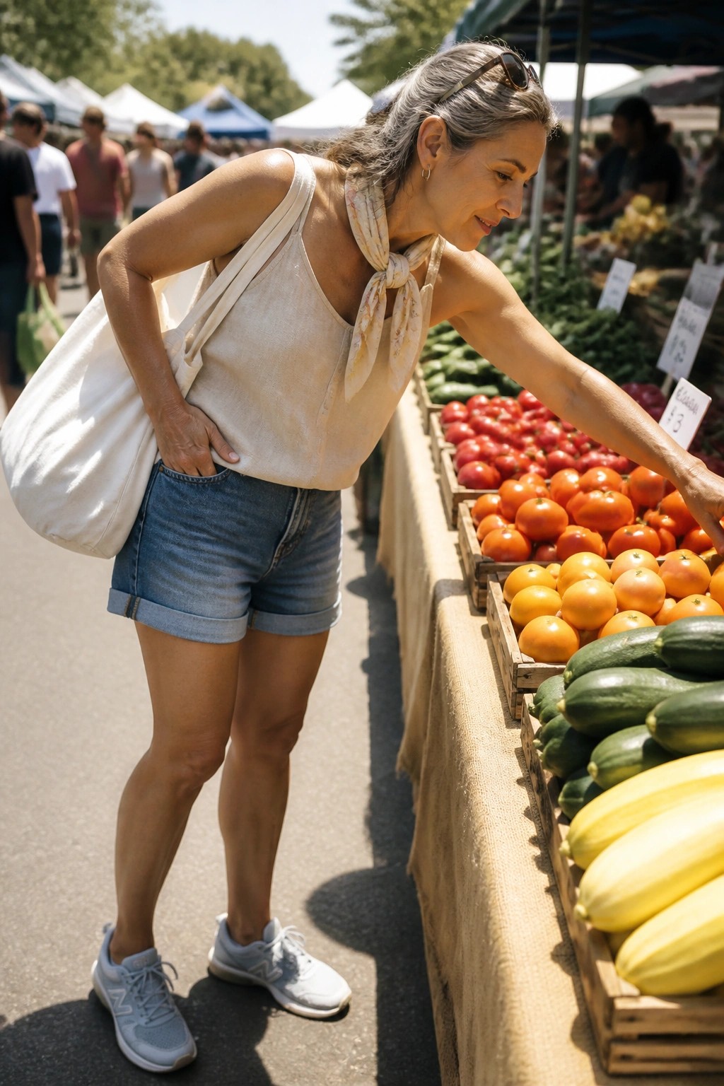 Woman in denim shorts reaching for tomatoes at sunny farmers market stand