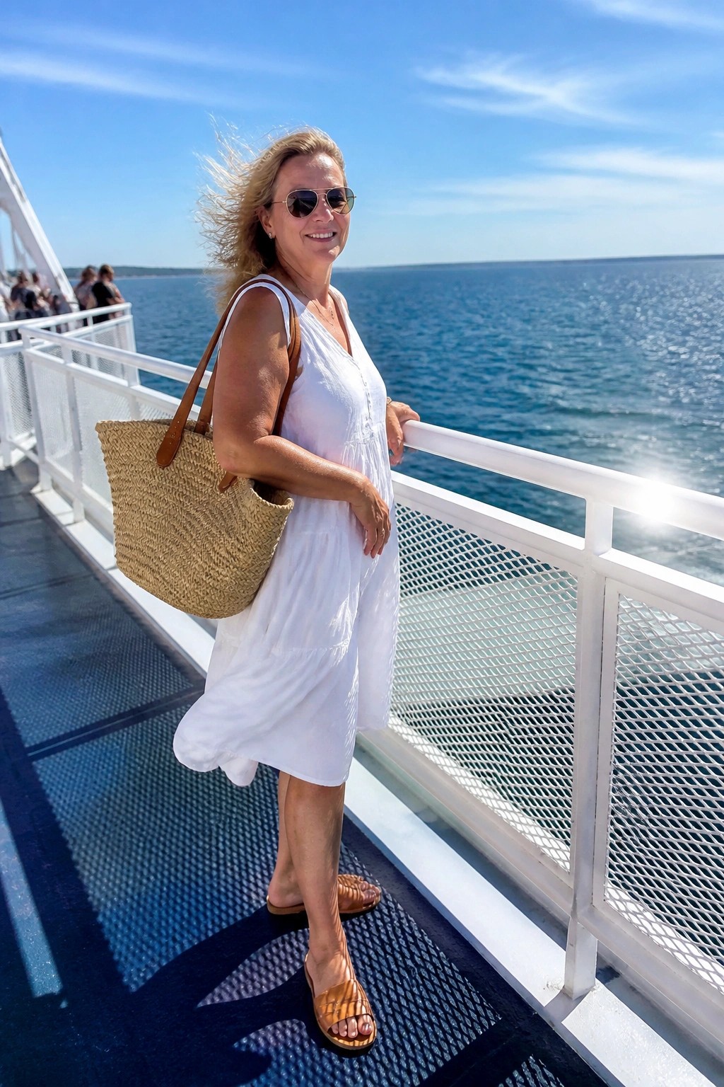 Woman in white dress with straw bag on sunny boat deck overlooking ocean