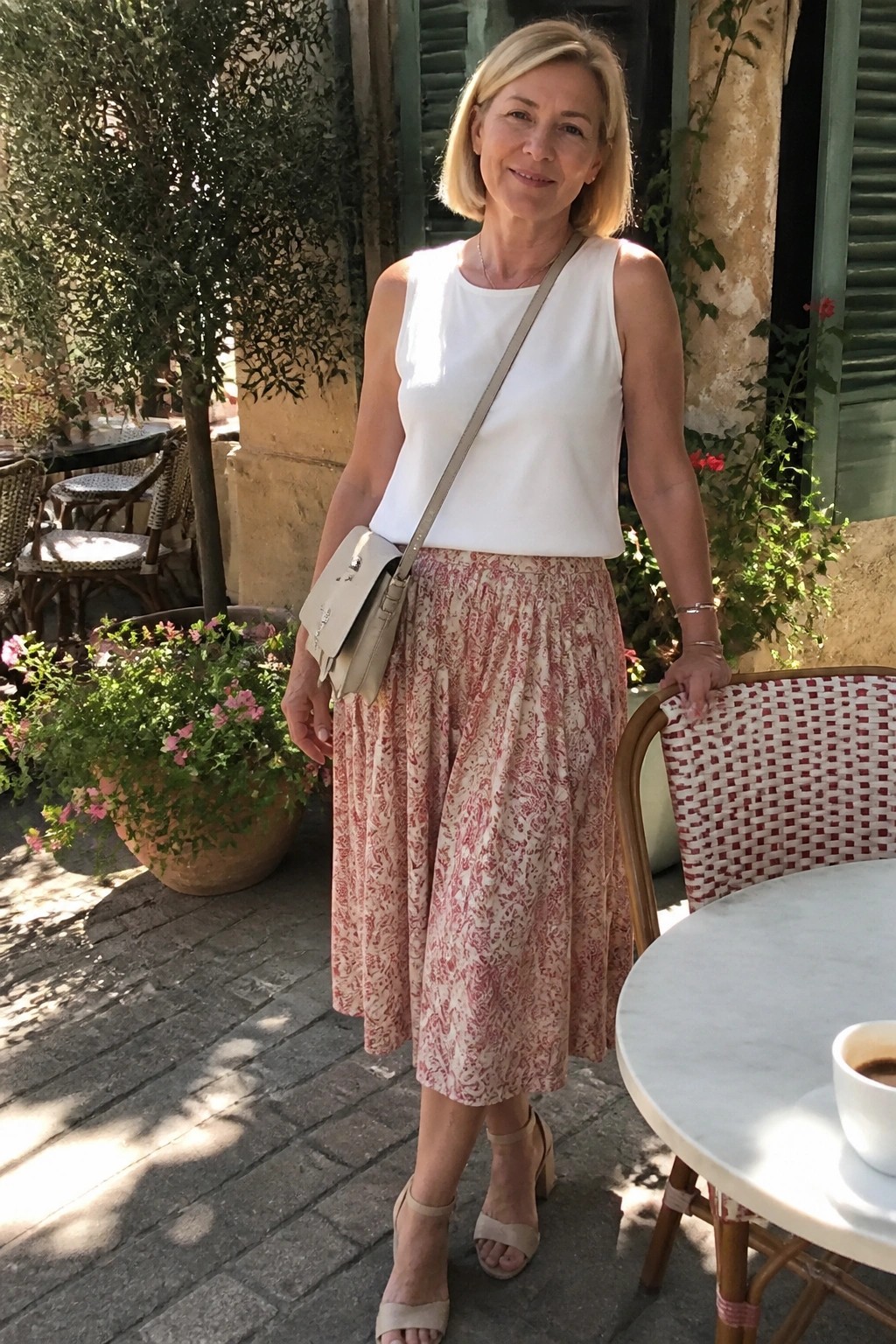 Blonde woman in white top and red floral skirt at sunny outdoor cafe