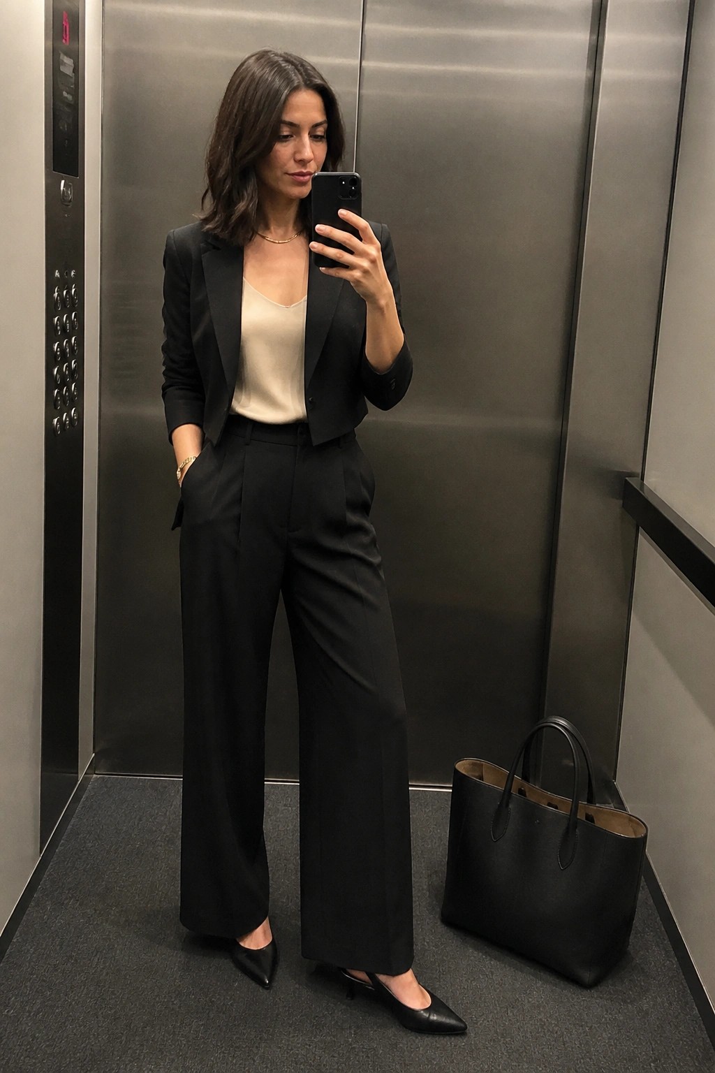 Woman in black suit taking selfie in elevator beside black tote bag.
