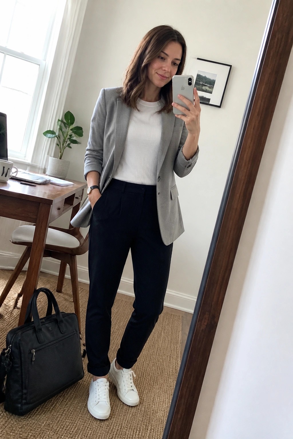 Woman in gray blazer and black pants taking mirror selfie in office