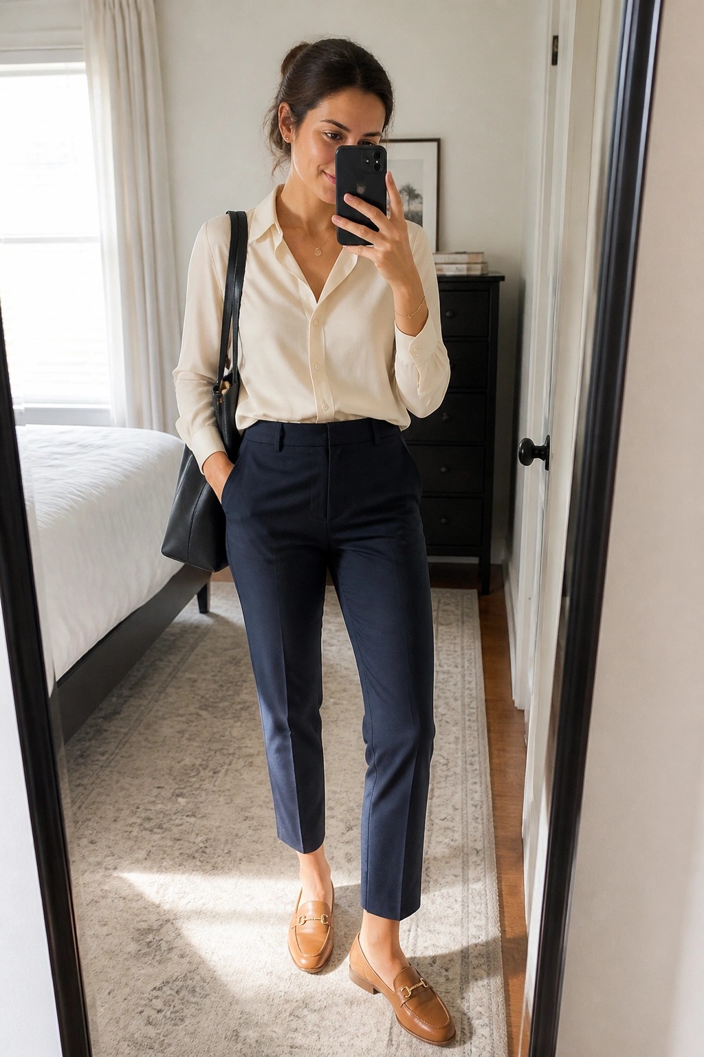 Woman in cream blouse and navy trousers taking mirror selfie in bedroom