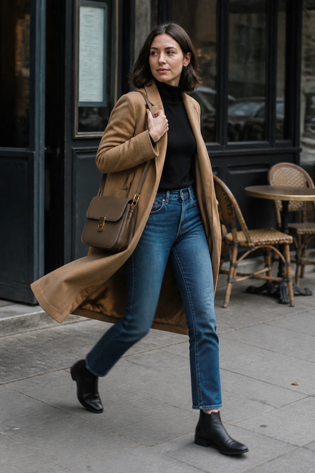 Woman wearing a long camel coat over a black turtleneck sweater, blue straight-leg jeans, black ankle boots, and a brown crossbody bag while walking on a city sidewalk.