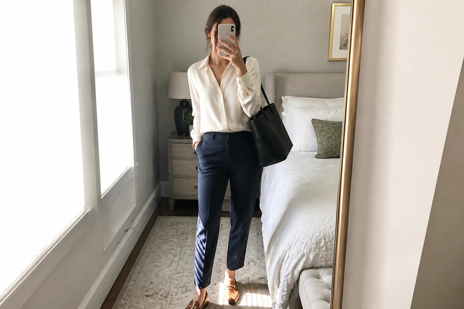 Woman in cream blouse and navy trousers taking mirror selfie in bedroom