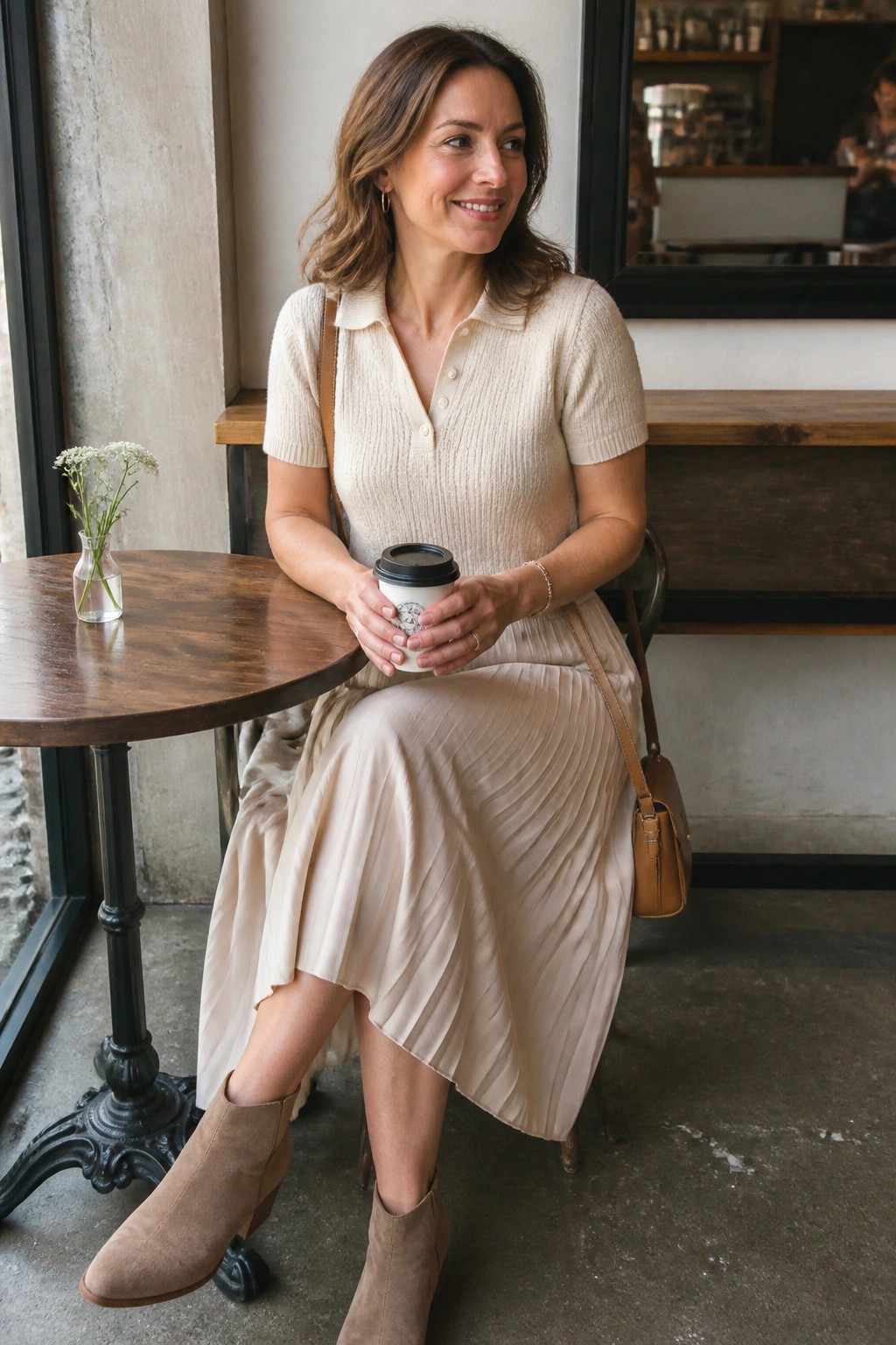 Woman wearing a cream short-sleeve polo knit sweater tucked into a light beige pleated midi skirt with taupe suede ankle boots and a brown leather crossbody bag while holding a coffee cup.