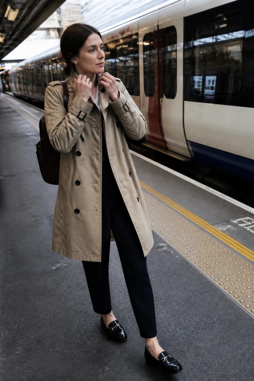Woman wearing an open beige trench coat over a white top and black trousers with black patent loafers and a brown leather backpack standing on a train platform.