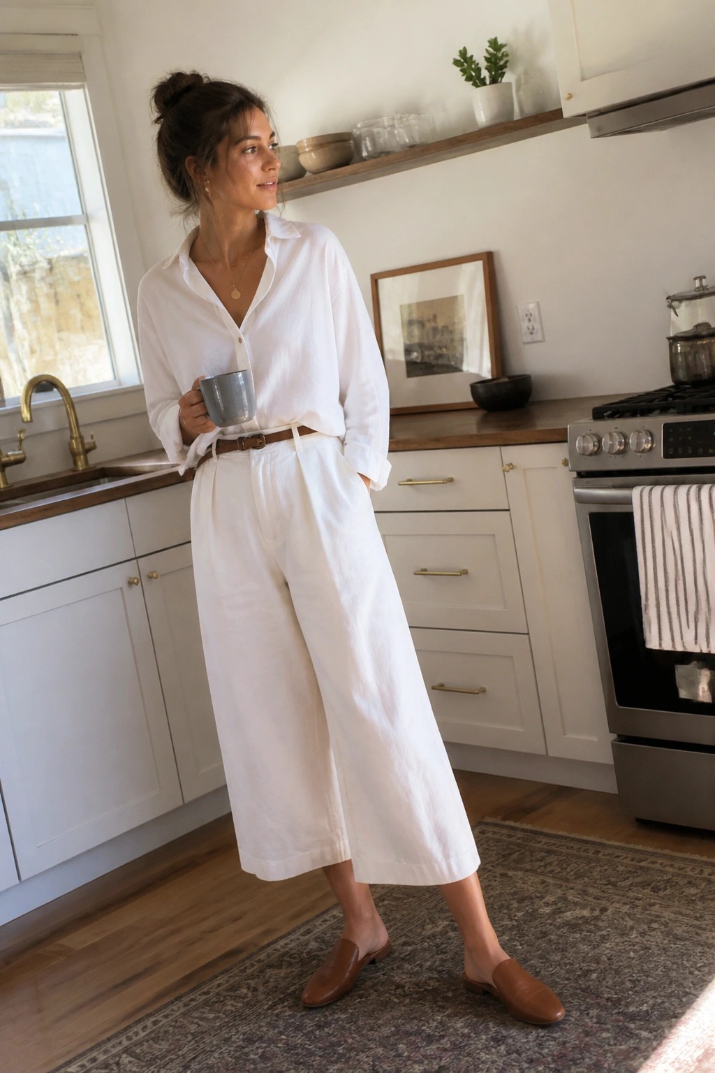 Woman in white blouse and wide-leg pants holding mug in kitchen
