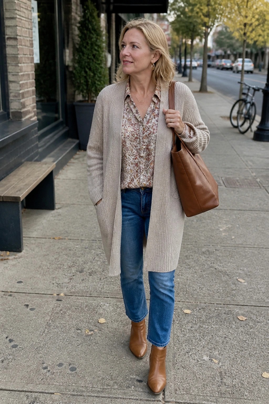 Blonde woman in beige cardigan, floral blouse, jeans, and brown boots on sidewalk