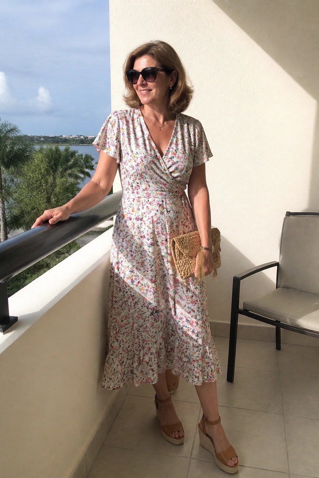 Woman over 50 wearing a white floral print wrap midi dress with short sleeves and ruffle hem paired with tan wedge sandals and a woven clutch.