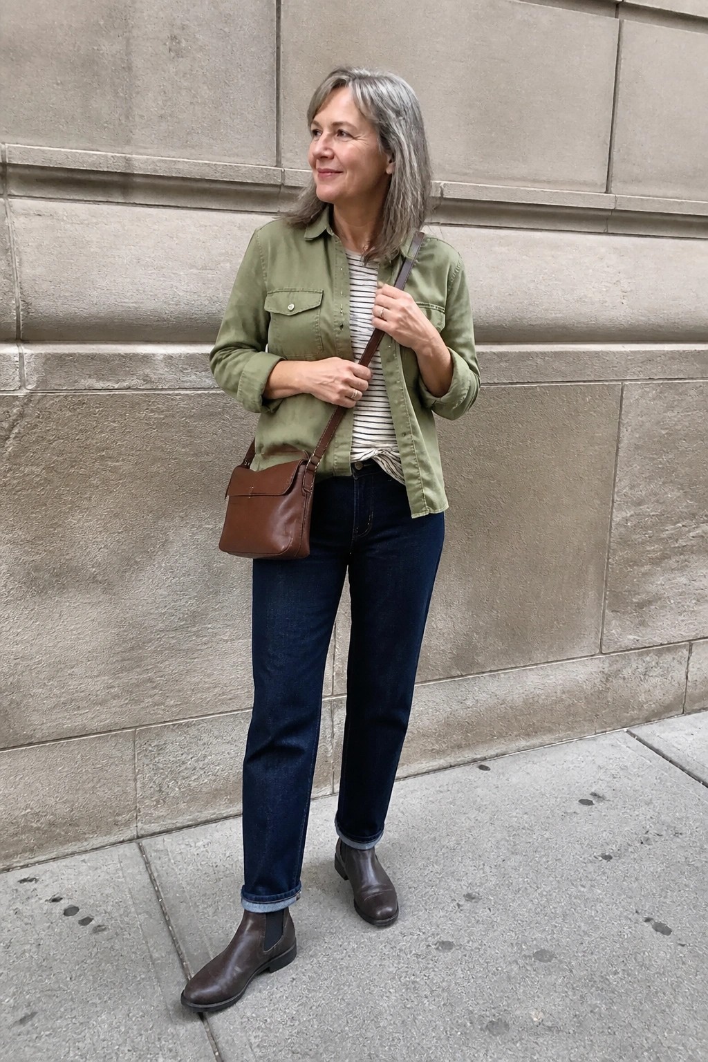 Woman with gray hair in green shirt and jeans holding brown bag by stone wall.