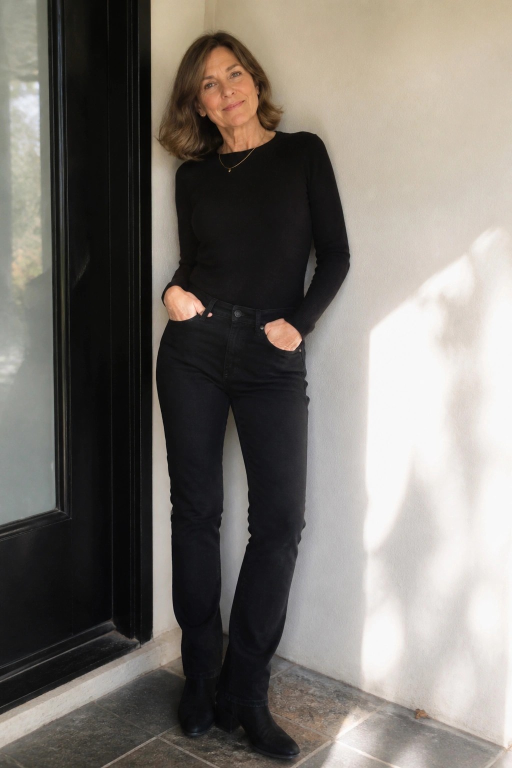 Woman in black sweater and jeans leaning against white wall with hands in pockets