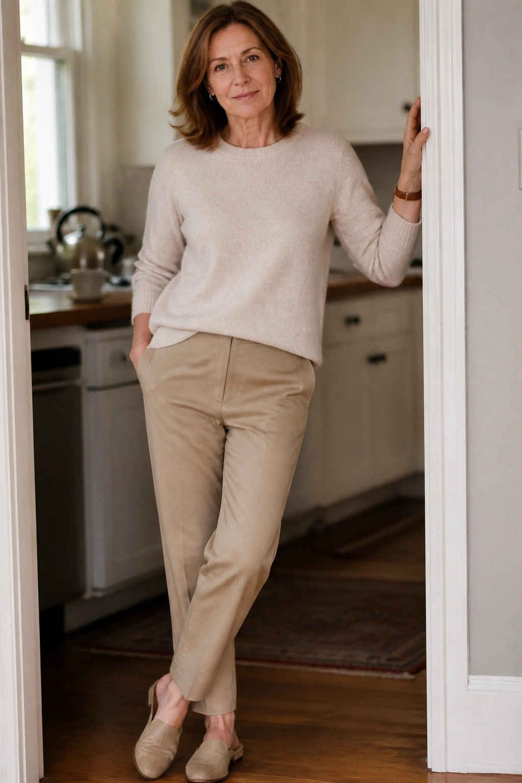 Woman in beige sweater and pants leaning in kitchen doorway